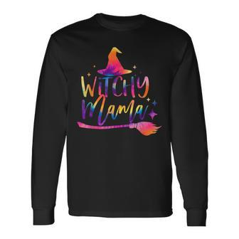 Tie Dye Witchy Mama Witch Hat Broom Spooky Mama Halloween Long Sleeve T-Shirt - Seseable