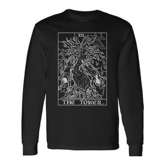 The Tower Tarot Card Halloween Tree Of Life Spooky Gothic Long Sleeve T-Shirt - Seseable
