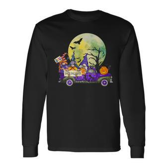 Truck With Cute Gnomes And Pumpkins In Halloween Long Sleeve T-Shirt - Seseable