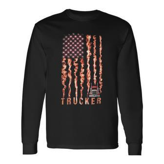 Trucker Trucker American Flag Smoking Long Sleeve T-Shirt - Seseable