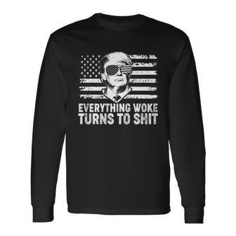 Trump Everything Woke Turns To Shit Distressed Usa American Flag Tshirt Long Sleeve T-Shirt - Monsterry UK