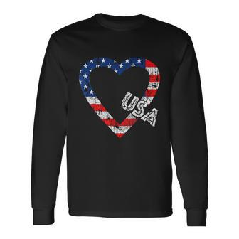 Usa Flag Patriotic American Hearts Armed Forces 4Th Of July Long Sleeve T-Shirt - Monsterry