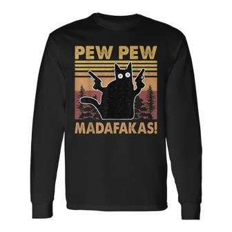 Vintage Black Cat Pew Pew Madafakas Crazy Cat Lovers V2 Long Sleeve T-Shirt - Seseable