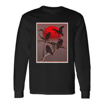 Vintage Japanese Raven Crow Red Moon Long Sleeve T-Shirt - Monsterry AU