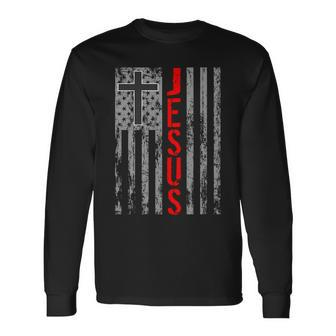 Vintage Jesus Usa American Flag Catholic Christion Cross Long Sleeve T-Shirt - Monsterry DE