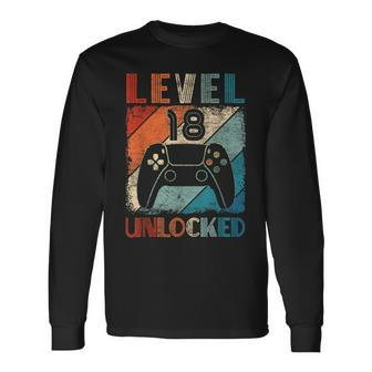 Vintage Level 18 Unlocked Video Gamer 18Th Birthday Long Sleeve T-Shirt - Seseable