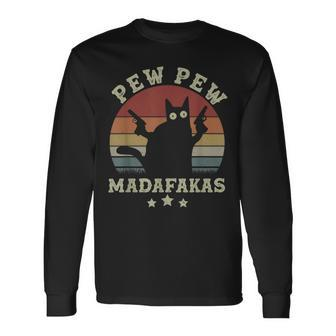 Vintage Pew Pew Madafakas Crazy Black Cat Halloween Long Sleeve T-Shirt - Seseable