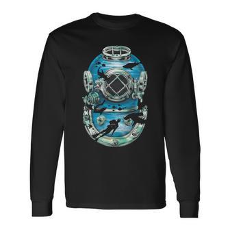 Vintage Scuba Diver Illustration Tshirt Long Sleeve T-Shirt - Monsterry UK