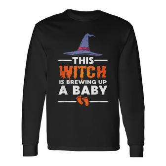 This Witch Is Brewing Up A Baby Halloween Pregnancy Reveal Long Sleeve T-Shirt - Seseable