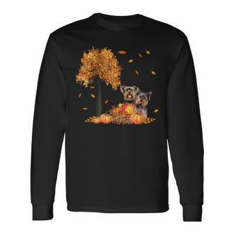 Yorkies Autumn Leaf Fall Dog Lover Thanksgiving Halloween Long Sleeve T-Shirt - Seseable