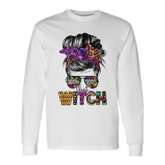 100 That Witch Halloween Costume Messy Bun Skull Witch Girl Long Sleeve T-Shirt - Seseable