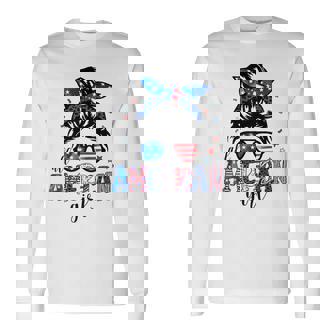 All American Girl Messy Bun Woman Usa Patriotic 4Th Of July Long Sleeve T-Shirt | Seseable FR