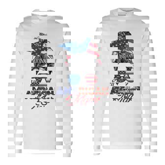 All American Mom 4Th July Messy Bun Us Flag Long Sleeve T-Shirt