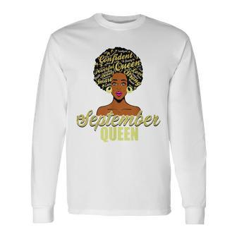 Black African American Melanin Afro Queen September Birthday Long Sleeve T-Shirt - Seseable