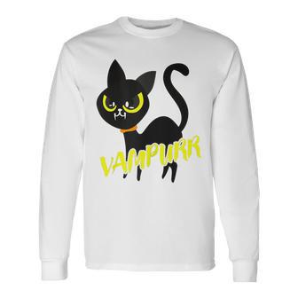 Black Cat Halloween Vampurr I Fun Vampire Cat Costume Long Sleeve T-Shirt - Seseable