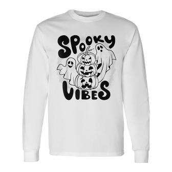 Cute Ghost Halloween Retro Groovy Spooky Vibes Fun Halloween Long Sleeve T-Shirt - Seseable