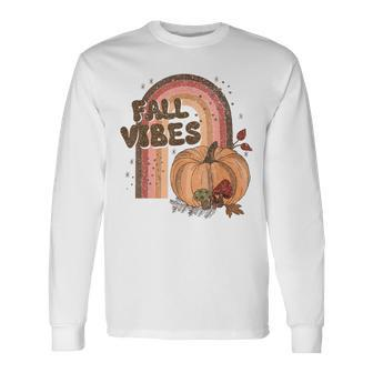 Fall Vibes Retro Rainbow Fall Autumn Pumpkin Hippie Long Sleeve T-Shirt - Thegiftio UK