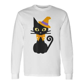 Halloween Black Cat With Hat And Bow Japanese Long Sleeve T-Shirt - Seseable