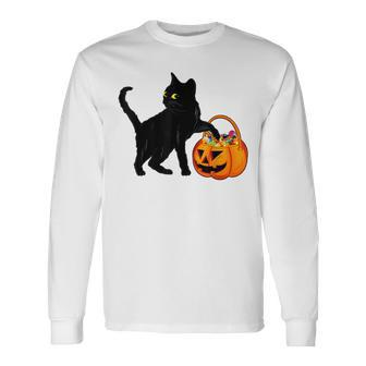 Halloween Black Cat Jack O Lantern Pumpkin Sweet Candy Long Sleeve T-Shirt - Seseable