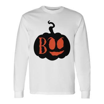 Halloween Boo - Pumpkin Orange And Black Design Men Women Long Sleeve T-shirt Graphic Print Unisex - Seseable