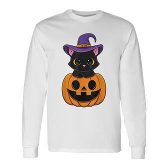 Halloween Cute Black Cat Witch Hat Pumpkin For Girls Long Sleeve T-Shirt - Seseable
