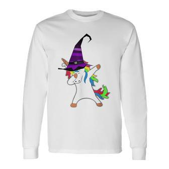 Halloween Dabbing Unicorn Witch Hat Witchcraft Costume Long Sleeve T-Shirt - Seseable
