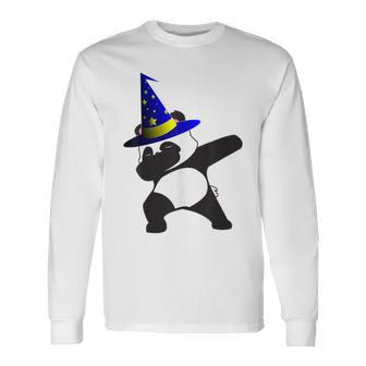 Halloween Dabbing Wizard Panda Bear Magic Witch Hat Long Sleeve T-Shirt - Seseable