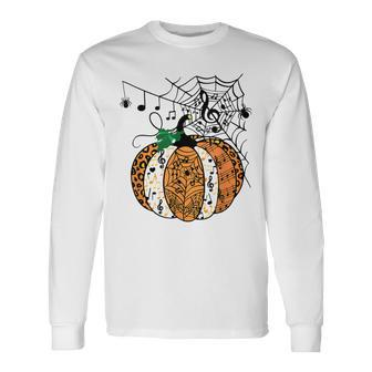 Halloween Pumpkin Music Symbols Music Teacher Halloween Long Sleeve T-Shirt - Seseable