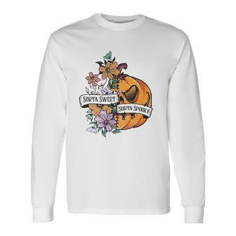 Halloween Sorta Sweet Sorta Spooky Pumpkin Floral Long Sleeve T-Shirt - Seseable