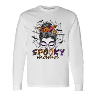 Halloween Spooky Mama Costume Messy Bun Spider Web For Mom Long Sleeve T-Shirt - Seseable