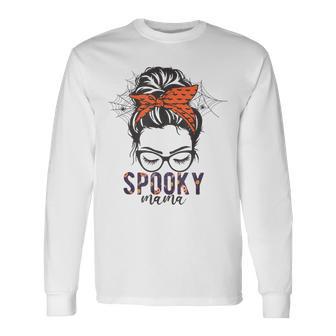 Halloween Spooky Mom Messy Bun Skull Mama Costume Long Sleeve T-Shirt - Seseable