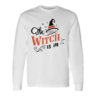 Halloween The Witch Is In Black And Orange Men Women Long Sleeve T-shirt Graphic Print Unisex - Seseable