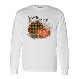 Hello Fall Plaid Pumpkin Spice Maple Leave Autumn Collection Long Sleeve T-Shirt - Thegiftio UK