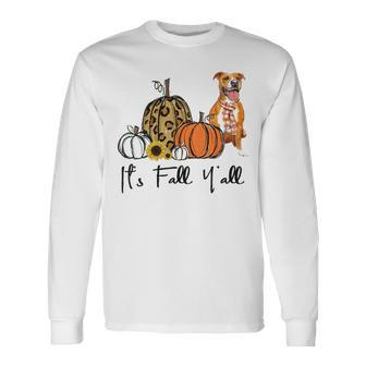 Its Fall Yall Yellow Pitbull Dog Leopard Pumpkin Falling Long Sleeve T-Shirt - Thegiftio UK