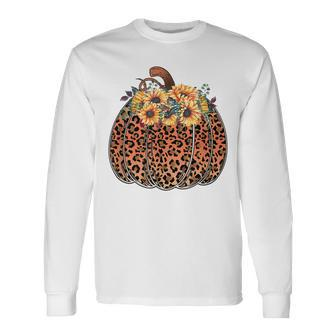 Leopard Pumpkin Halloween Sunflowers Thanksgiving Long Sleeve T-Shirt - Seseable