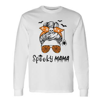 Messy Bun Spooky Mama Mom Halloween Costume Skull Long Sleeve T-Shirt - Seseable