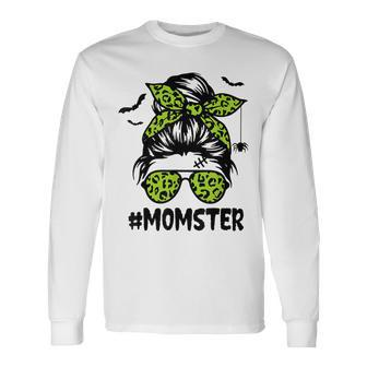 Momster For Women Halloween Mom Messy Bun Leopard Long Sleeve T-Shirt - Seseable