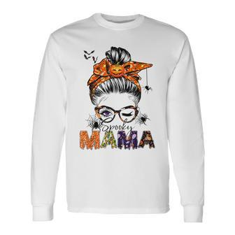 One Spooky Mama For Halloween Messy Bun Mom Monster Bleached V2 Long Sleeve T-Shirt - Seseable