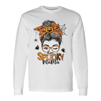 One Spooky Mama For Halloween Messy Bun Mom Monster Bleached V3 Long Sleeve T-Shirt - Seseable