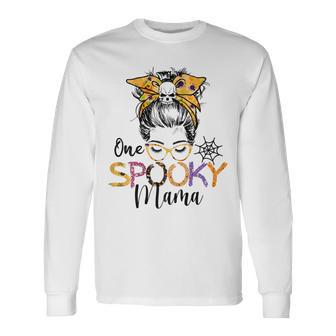 One Spooky Mama Messy Bun Mom Halloween Spider Costume Long Sleeve T-Shirt - Seseable