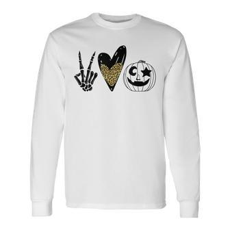 Peace Love Pumpkin Leopard Heart Halloween Long Sleeve T-Shirt - Seseable