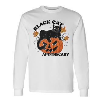 Retro Black Cat Apothecary And Pumpkin Halloween Vintage Long Sleeve T-Shirt - Seseable