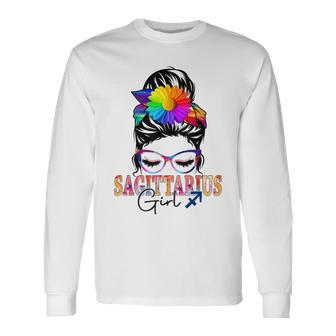 Sagittarius Girl Birthday Messy Bun Hair Colorful Floral Long Sleeve T-Shirt - Seseable
