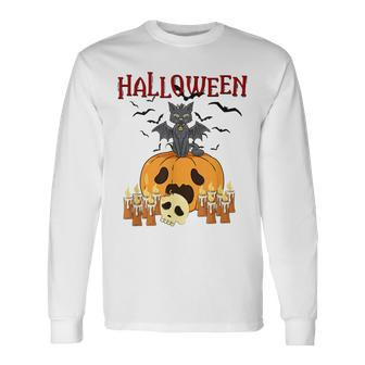 Scary Pumpkin And Vampire Bat Cat Halloween Trick Or Treat Long Sleeve T-Shirt - Seseable