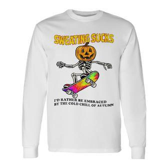 Skeleton Pumpkin Sweating Sucks Sweat Halloween Sakebording Long Sleeve T-Shirt - Seseable