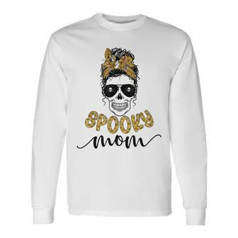 Skull Spooky Mom Messy Bun Mama Spider Halloween Zombie Long Sleeve T-Shirt - Seseable