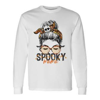 Spooky Mama Halloween Costume Skull Mom Leopard Messy Bun Long Sleeve T-Shirt - Seseable