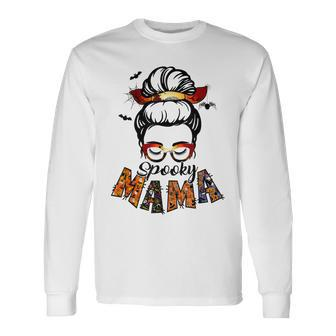 Spooky Mama Halloween Messy Bun Witch Mom Women Spooky Long Sleeve T-Shirt - Seseable