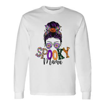 Spooky Mama Messy Bun Skull Mom Monster Bleached Halloween Long Sleeve T-Shirt - Seseable