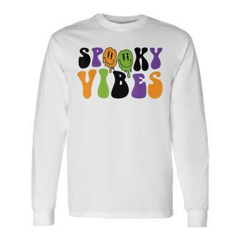 Spooky Vibes Dripping Smile Face Halloween Night Party Long Sleeve T-Shirt - Seseable